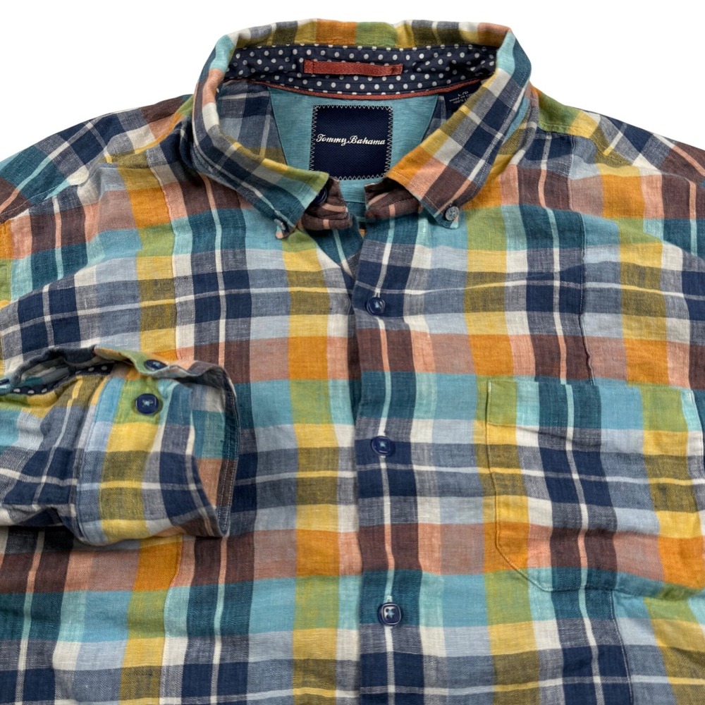 Tommy Bahama Button‎ Down Shirt Mens Large Multicolor Plaid Linen Long Sleeve